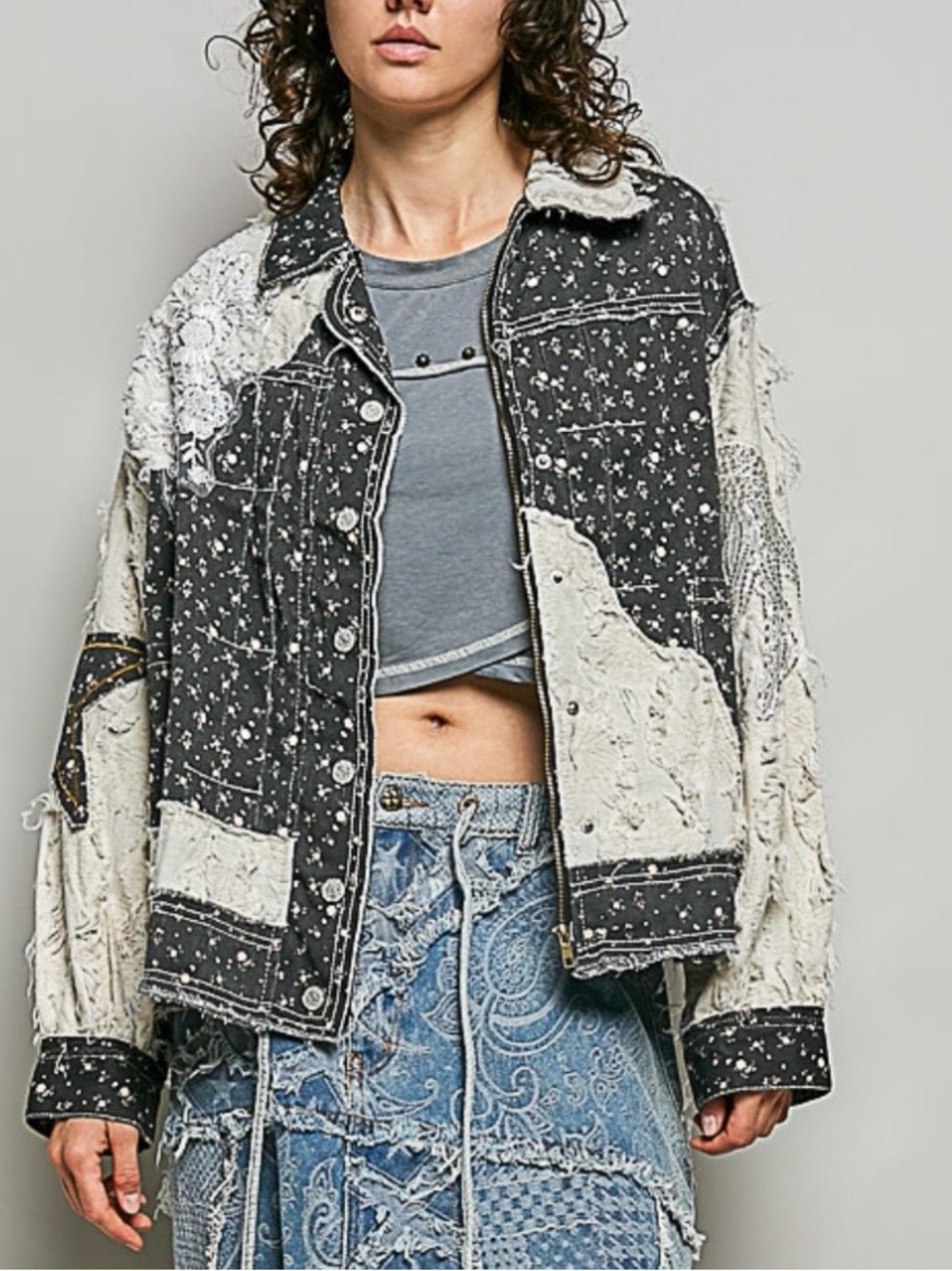 POL Patchwork Black and Cream Distressed Denim Jacket